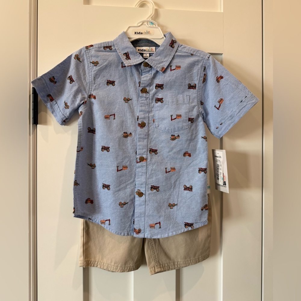 Kids Headquarters Light Blue Tractor Button Down Shirt and Shorts Set NEW